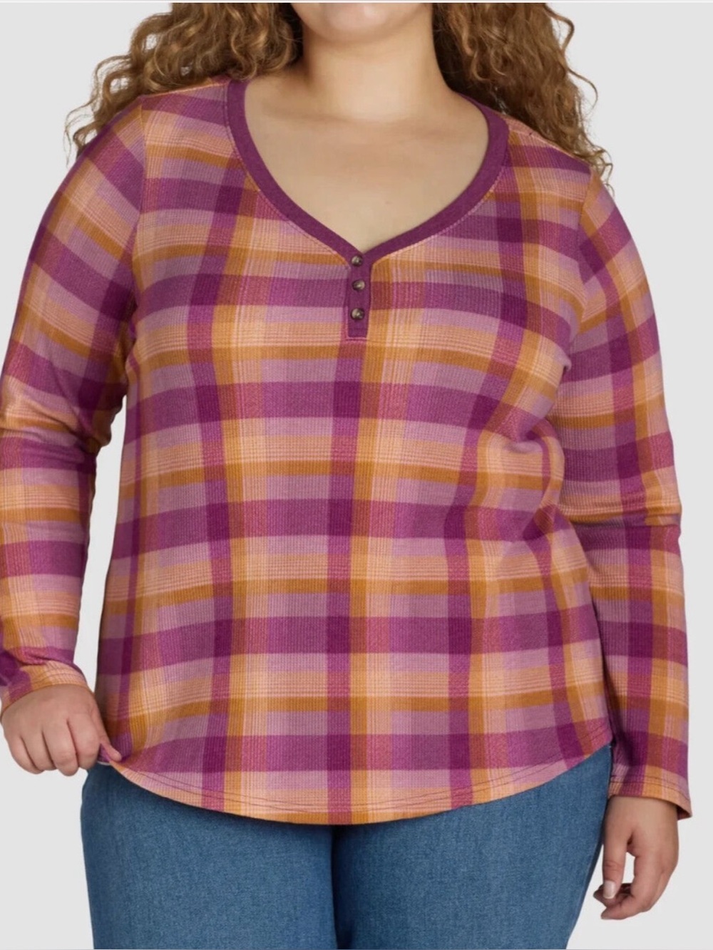 Terra Sky Long Sleeve Fall Plaid Waffle Knit Top Size 3X 24W Plum Purple Orange